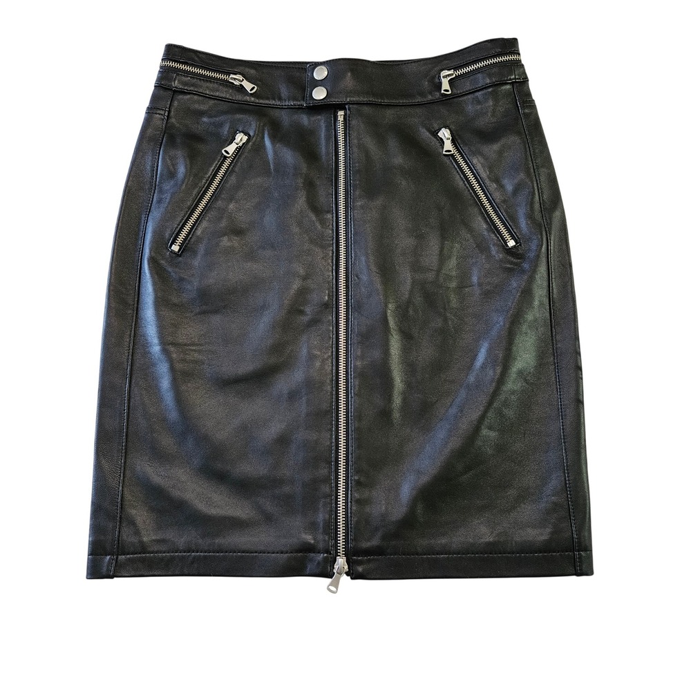 NWT Etienne Marcel Black Genuine Leather Edgy Moto Mini Skirt Zip Front Sz 26